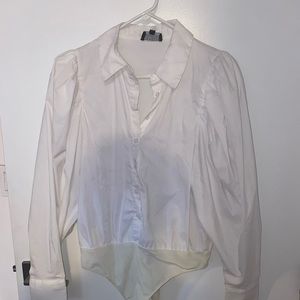 White puffed long sleeve body suit